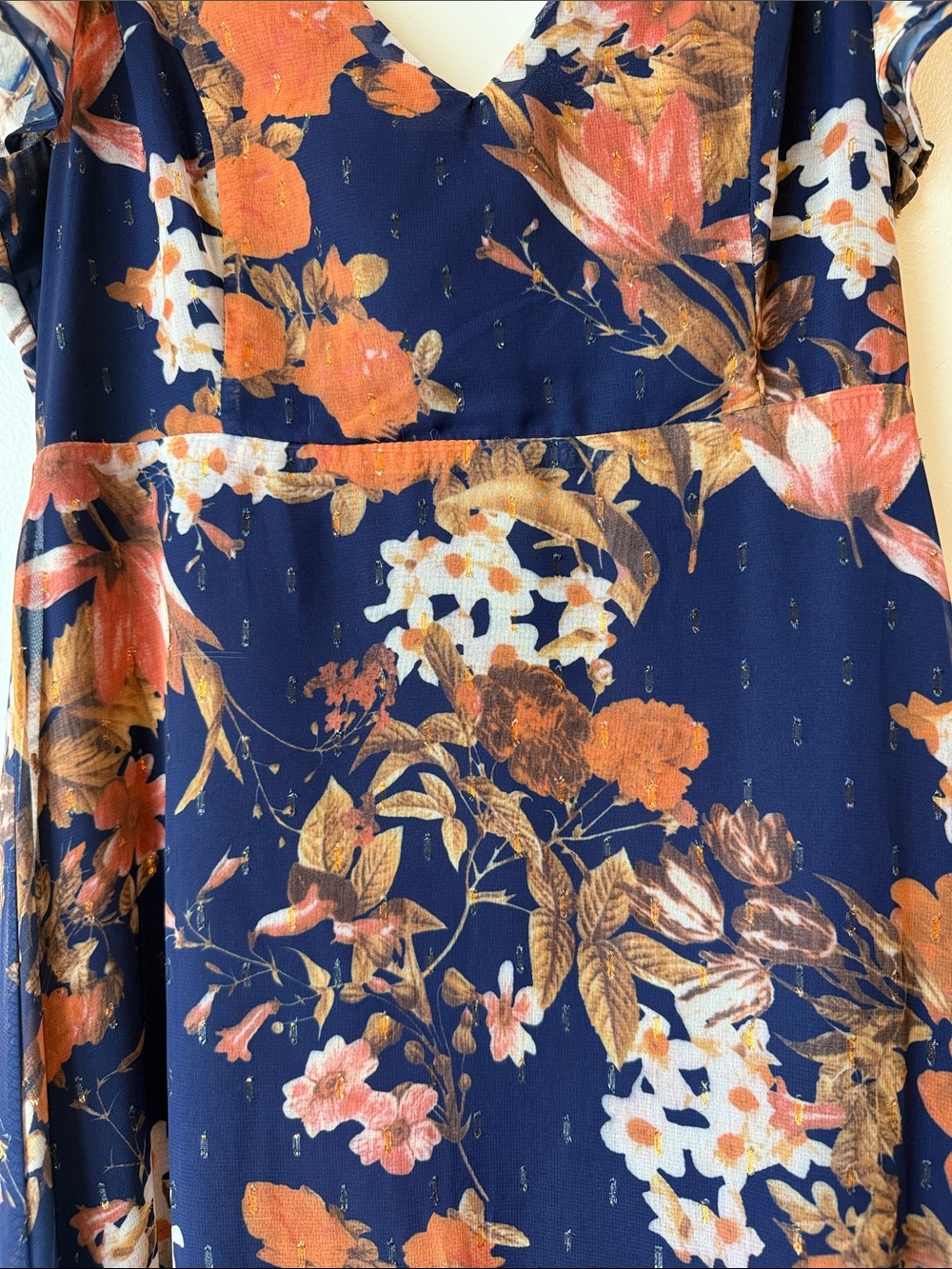 Lulu's Navy Floral High-Low Midi Dress with Rust & Cream Accents - Picture 5 of 7